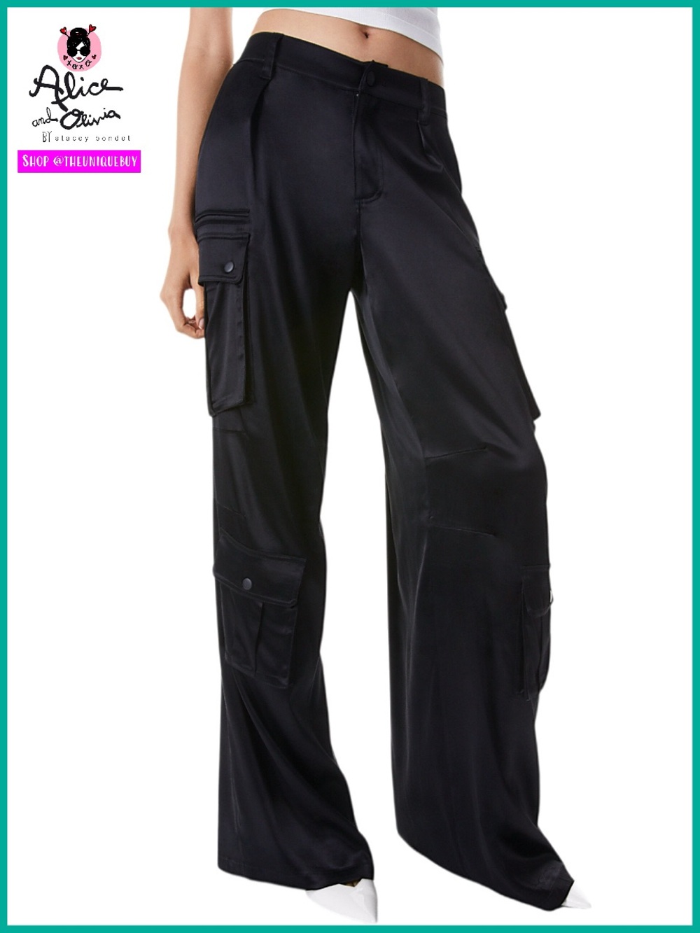 Alice + Olivia Joette Low Rise Black Satin Cargo Pants